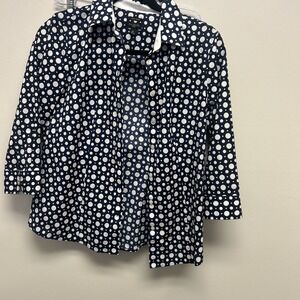 Talbots Petite Blue  White Polka Dot Button Up Shirt Women's 6 3/4 Sleeve Cruise